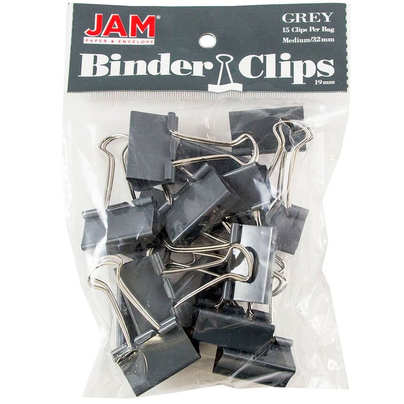 JAM Paper مشابك binder ملونة من JAM PAPER - متوسطة - 1 1/4 بوصة (32 مم) - مشابك binder رمادية - 15/عبوة - Image 1